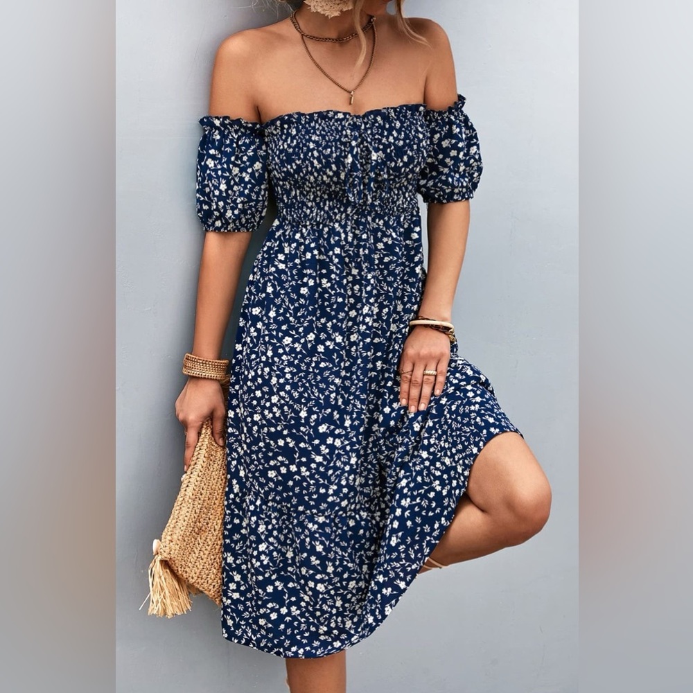 Ditsy Floral Smocked Frill Trim Off-Shoulder Dress - Picture 5 of 6